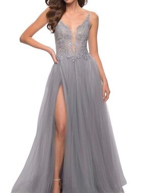 La Femme Silver Lace Bodice Tulle Prom Gown with High Slit